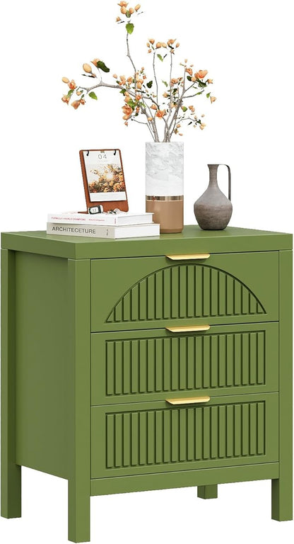 3 Drawer Dresser, Farmhouse Fluted Chest of Drawers, Wooden End Table, Mid- Century Modern Bedroom Nightstand Side Table for Bedrooms, Closets, Hallways, and Entryways, Green