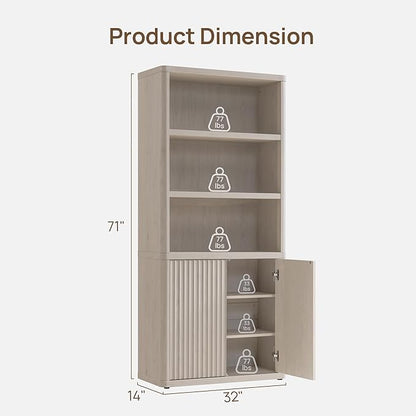 SICOTAS Book Shelf with Doors 71" Tall 6 Tier Bookshelf with Adjustable Shelves Fluted Booshelves & Bookcases Modern Book Case with Large Storage Display Cabinet for Living Room Home Office Bedroom