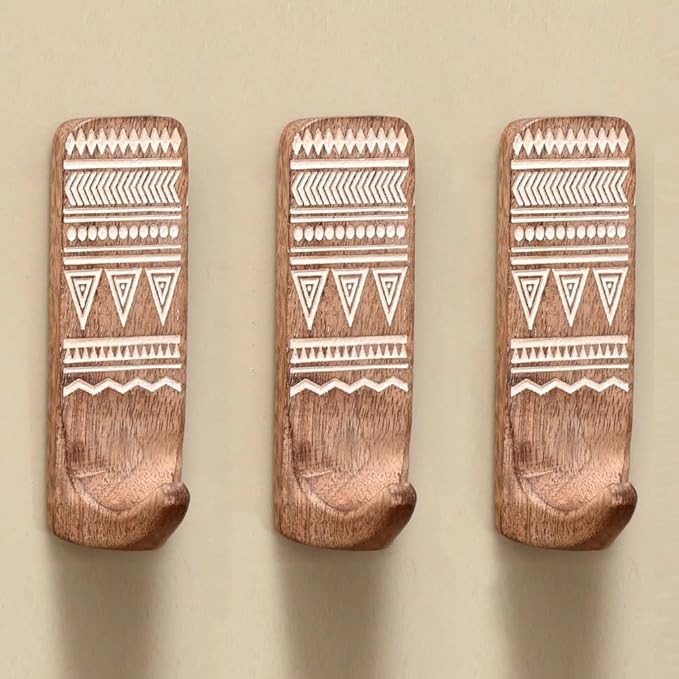 Indian Shelf Boho Decorative Wood Adhesive Wall Hooks for Hanging Coats, Keys, Leash, Hat, Towel Holder, Cute Sticky Key Holder, White Brown Western Wall Décor (12 Hooks 24 Strips)