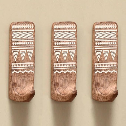 Indian Shelf Boho Decorative Wood Adhesive Wall Hooks for Hanging Coats, Keys, Leash, Hat, Towel Holder, Cute Sticky Key Holder, White Brown Western Wall Décor (12 Hooks 24 Strips)