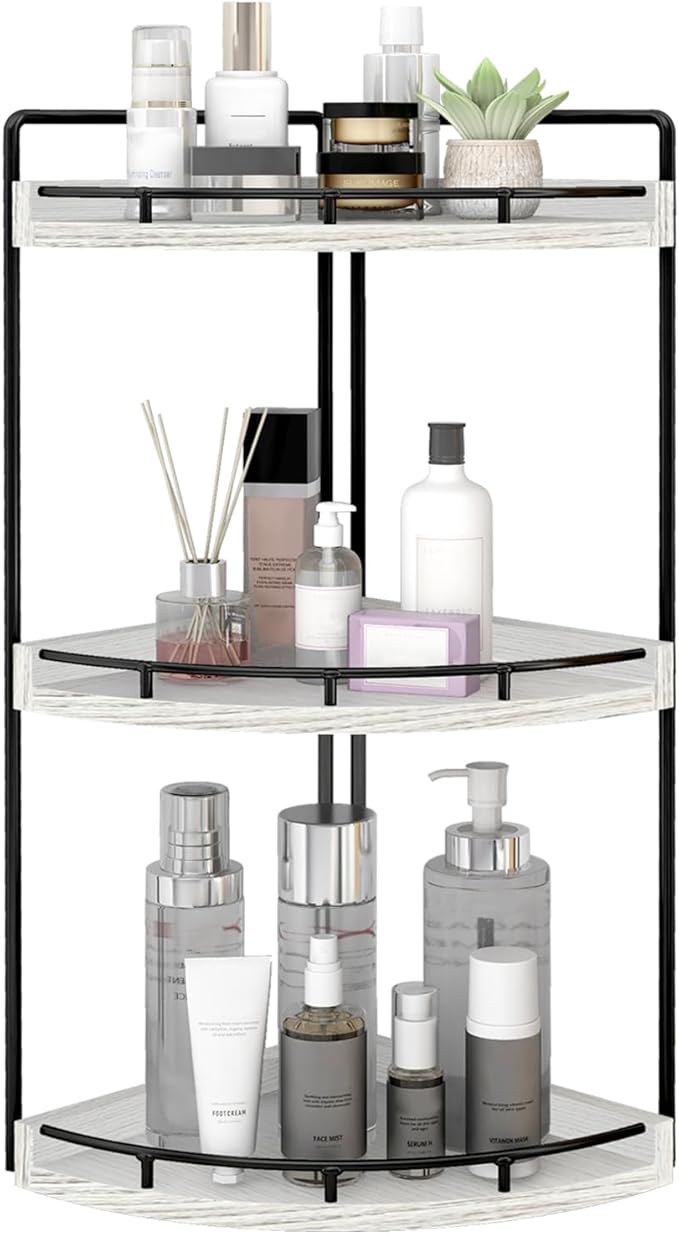 Dorhors 3-Tier Corner Bathroom Organizer Countertop for Storage,Vanity Tray,Wood Counter Organizer for Kitchen,Bathroom,Dresser (Rustic White)