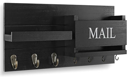Mail Organizer for Wall Mount – Key Holder with Shelf Includes Letter Holder and Hooks for Hallway Farmhouse Decor – Rustic Wood with Flush Mounting Hardware (16.5” x 9.1” x 3.4”) (Black)