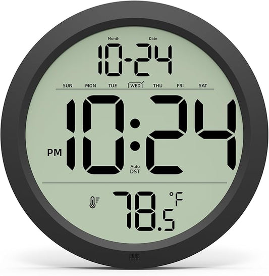 Digital Wall Clock Battery-Operated, 8 Inch Small Decorative Modern Wall Clock with Date, Temperature, Auto-DST, Silent Electric Wall Clock for Bedroom, Living Room, Kitchen, Office, Farmhouse -Black