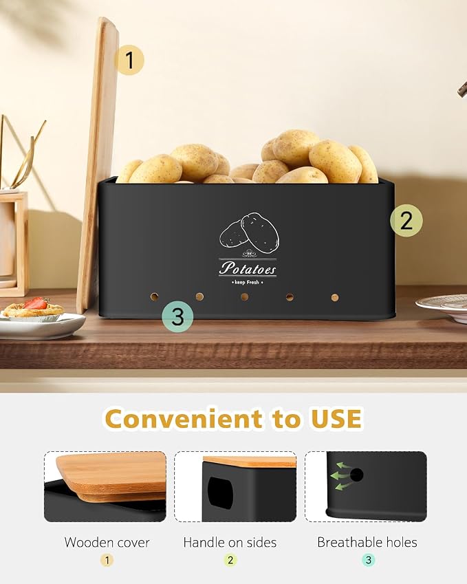 Kitchen Vegetable Storage Set of 3, Sturdy and Durable Storage Basket for Potato, Onion, Garlic, Fruit,Aerating Holes and Wooden Lid (black)