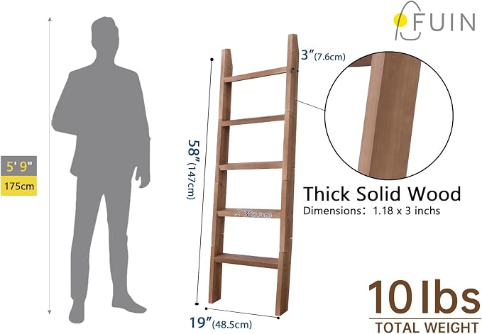 FUIN 5ft (58") Wood Blanket Ladder Living Room Decorative Wall Leaning Farmhouse Quilt Display Holder Shelf Rustic Wooden Towel Rack for Bathroom, Brown