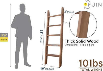 FUIN 5ft (58") Wood Blanket Ladder Living Room Decorative Wall Leaning Farmhouse Quilt Display Holder Shelf Rustic Wooden Towel Rack for Bathroom, Brown