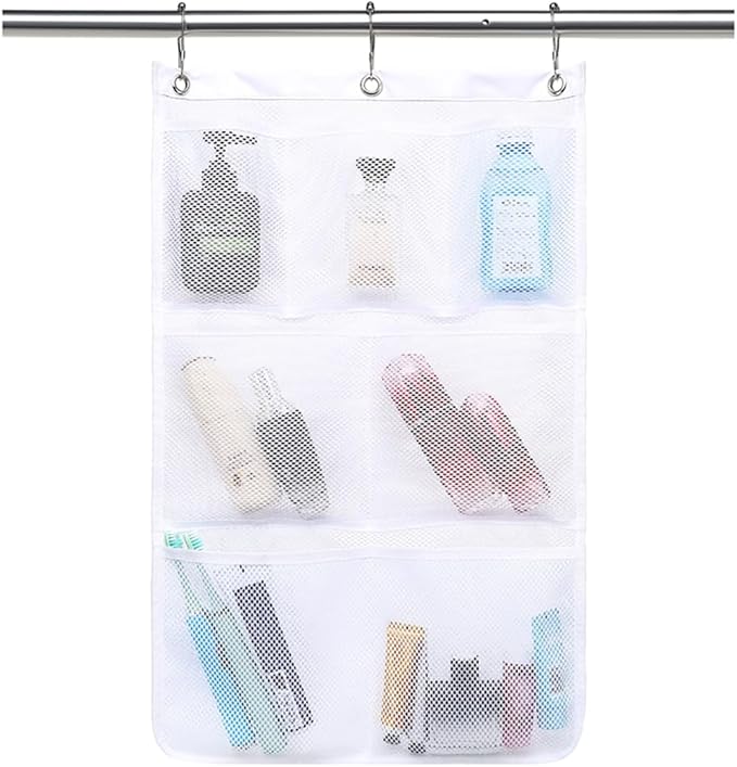 GYEUKHAM Mesh Shower Caddy Hanging Organizer with 7 Pockets and Hooks, Portable Quick Dry Bathroom Storage for College Dorm, Cruise, RV, Gym, Travel Toiletry Bag, White, 1 Pack
