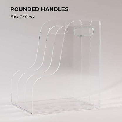 3 Vertical Compartments File Holder, Clear Acrylic Desk Organizer and Storage Bins Holding for Magazines, Binders, Notebooks, Envelopes, Multi-purpose Document Organizer for Home Office