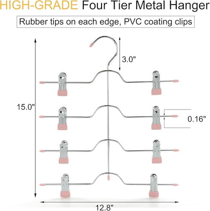 TOPIA HANGER 4 Tier Metal Skirt Hangers for Women, Pants Hanger Space Saving with Adjustable Clips, Gain 70% More Space, Non Slip Grip for Slacks, Trousers, Shorts, Jeans, Towels, Pink, 2-Pack, CT20P
