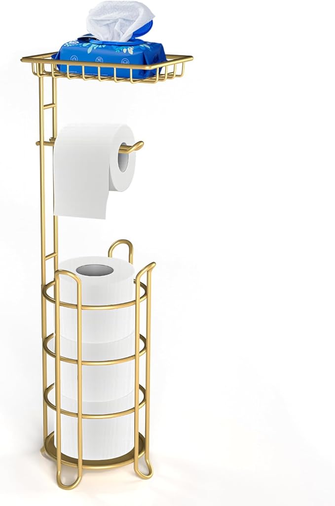 Gold Toilet Paper Holder Stand with Shelf, Freestanding Tissue Roll Holder, Holds 4 Mega Rolls and Extra Storage for Phone, Wipes