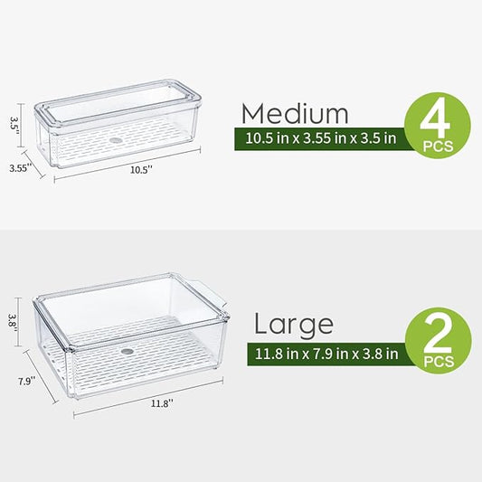6 Pack Fridge Organizer, Stackable Refrigerator Organizer Bins with Lids, BPA-Free Fridge Organizers and Storage Containers for Fruit, Vegetable, Food, Drinks, Cereals, Clear