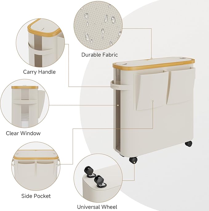 VITVITI Toilet Paper Storage Basket with Lid, Bathroom Toilet Paper Holder Organizer for 9-12 Rolls Large Capacity, Foldable Fabric Bamboo Toilet Paper Container with Pockets, Medium (Beige)