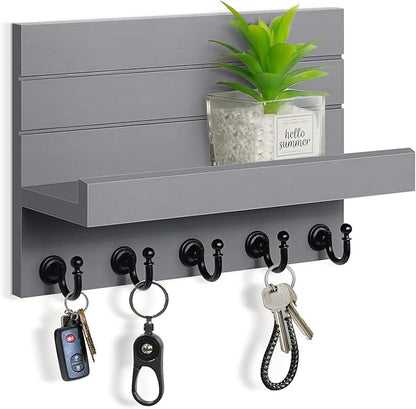 Key and Mail Holder for Wall: Rustic Key Hanger Key Rack Organizer with 5 Sturdy Key Hooks for Entryway Bedroom Kitchen House Decor (Grey)