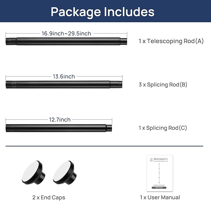 ENJOYBASICS Matte Black Shower Curtain Rod 30 to 76 Inches, Stainless Steel Adjustable Spring Tension Rods No Drill for Bathroom, Closet, Window, Room Divider, Never Rust, Non Slip