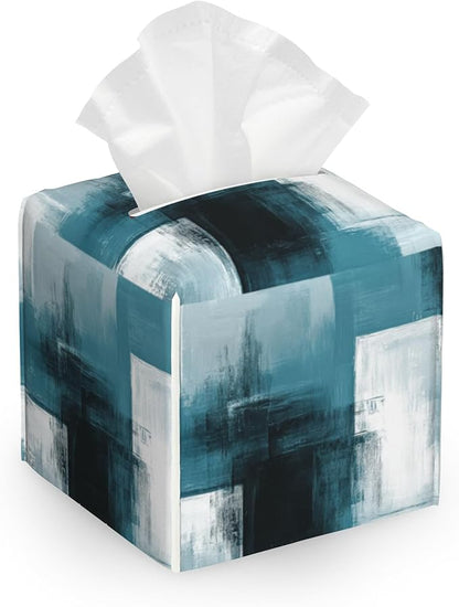 Turquoise Grey Abstract Tissue Box Cover Holder,Leather Tissue Case Holder Facial Paper Organizer Decorative for Tabletop Night Stands Desk Bathroom Kitchen Car Office Home Decor