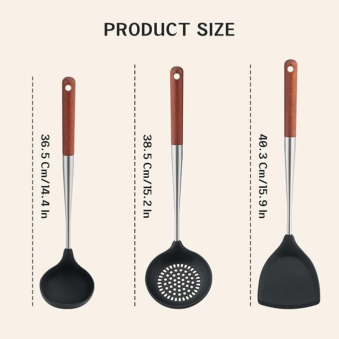 FJNATINH Silicone Spatula - Ladle - Skimmer Wok Tool Set,Stainless Steel Non Stick Heat-Resistant Cooking Utensils BPA Free Kitchen Utensils Cookware with Wooden Handle, Pack of 3