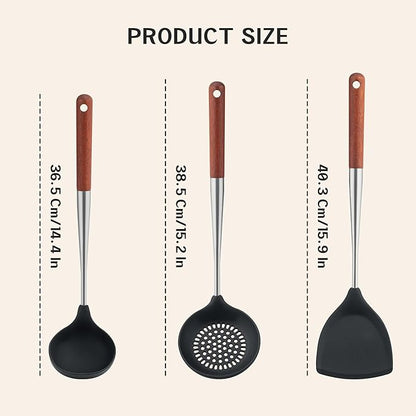 FJNATINH Silicone Spatula - Ladle - Skimmer Wok Tool Set,Stainless Steel Non Stick Heat-Resistant Cooking Utensils BPA Free Kitchen Utensils Cookware with Wooden Handle, Pack of 3