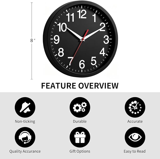 Rohioue Wall Clock Modern 8 Inch Battery Operated Silent Non Ticking Small Analog Clock Decorative for Bedroom Kitchen Bathroom Office Home