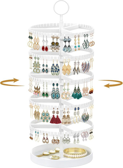 MODOWEY 5 Tier Rotating Earring Holder Organizer Display Tree with Metal Tray, Adjustable Plastic Stand with 285 Slots for Stud Hoop Hanger, Large Capacity Storage Rack for Women Space Saving, White