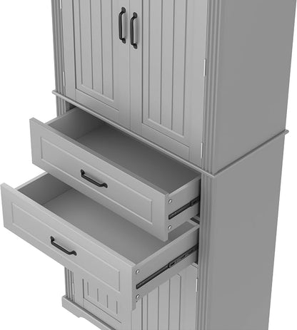 Storage Cabinet,Tall Freestanding Cabinet with Adjustable Shelf | Tall storage cabinet, 4-door design, 5+ shelves, upper door shelves, and 2 pull-out compartments for organized storage