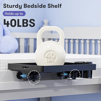 Bedside Shelf, Bunk Bed Table Shelf for Top Bunk, Black Clip On Nightstand with Removable Cup Holder&Power Strip Holder,Bunk Bed Tray for Dorm Bed&Loft Bed,College Dorm Room Essential(Updated Version)