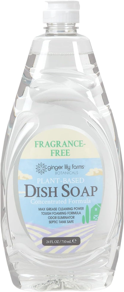 Ginger Lily Farms Botanicals Plant-Based Liquid Dish Soap, Concentrated Formula with Max Grease Cleaning Power, Cruelty-Free, Fragrance-Free, 24 Fl Oz (Pack of 8)