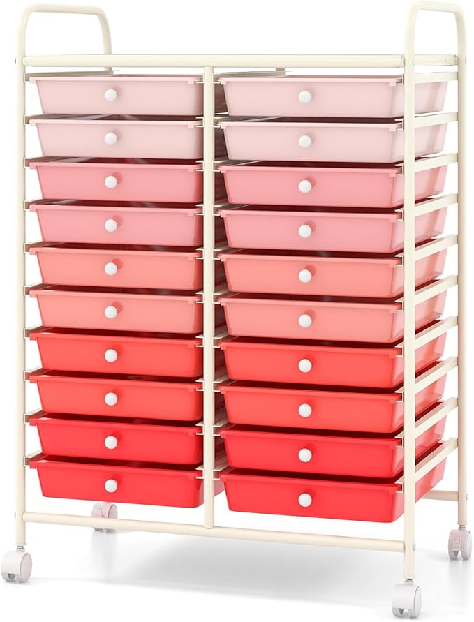 Giantex 20 Drawers Rolling Cart, Mobile Storage Drawer Cart, Classroom Organizer Cart for Office School Supplies Teacher Tools Paper Craft Small Printer, Utility Cart on Wheels, Gradient Pink