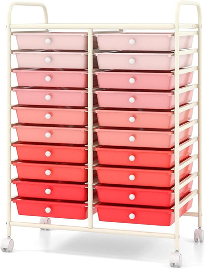 Giantex 20 Drawers Rolling Cart, Mobile Storage Drawer Cart, Classroom Organizer Cart for Office School Supplies Teacher Tools Paper Craft Small Printer, Utility Cart on Wheels, Gradient Pink