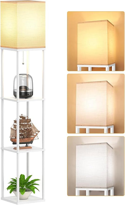 Floor Lamp with Shelves for Living Room White, Shelf Floor Lamp with 3 CCT LED Bulb, Corner Display Standing Column Lamp Etagere Organizer Tower Nightstand with White Linen Shade for Bedroom, Office