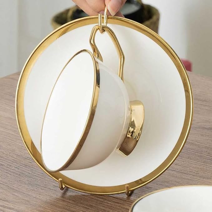 Teensery 2 Pcs Tea Cup and Saucer Stand Metal Teacup Display Easel Holder Desktop Coffee Mug Organizer Plate Storage Rack, Gold