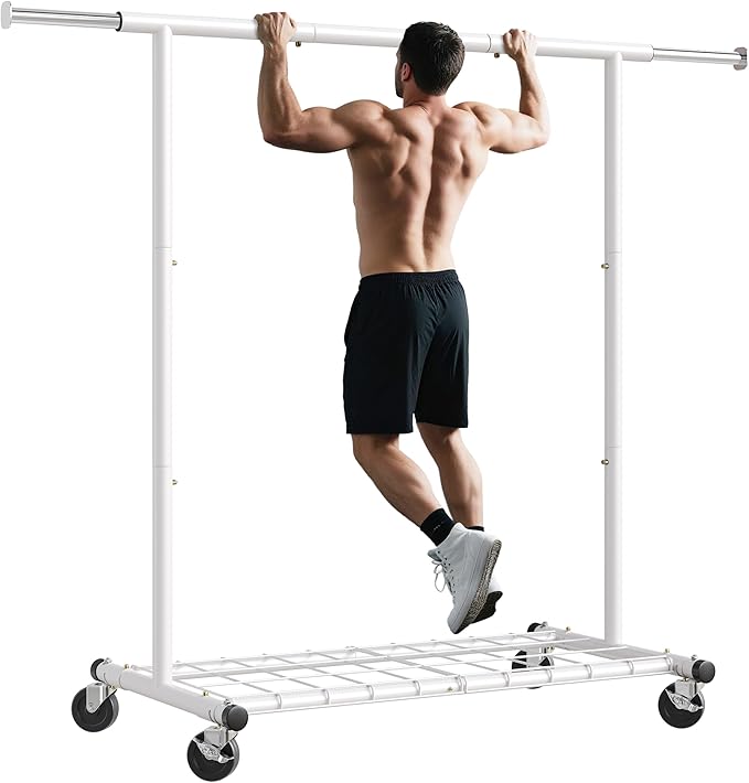 Raybee Clothing Rack for Hanging Clothes, Rolling Clothes Rack Load 250LBS, Metal Clothes Racks, Clothing Rack with Wheels Portable, White