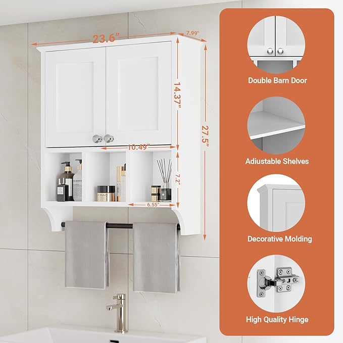 Over-The-Toilet Bathroom Storage Cabinet with Towel Bar, Space-Saving Wall Mounted Medicine Cabinet , 2 Doors & 1 Adjustable Shelf, Easy Install White Finish for Bathroom, Kitchen, Living Room