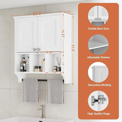 Over-The-Toilet Bathroom Storage Cabinet with Towel Bar, Space-Saving Wall Mounted Medicine Cabinet , 2 Doors & 1 Adjustable Shelf, Easy Install White Finish for Bathroom, Kitchen, Living Room