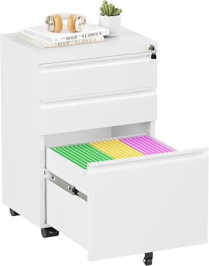 Superday White 3 Drawer Mobile Locking File Cabinet, Metal Rolling Vertical Filing Cabinet with Drawers, Small Under Desk File Cabinets for Office and Home, Fully Assemble