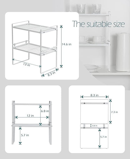 Shantton 2 Pack Kitchen Cabinet Shelf Counter Organizer Rack Pantry Storage Bathroom Bedroom Office Table Desk Space Saving Steel Frame Stackable Rust Resistant Non Slip White