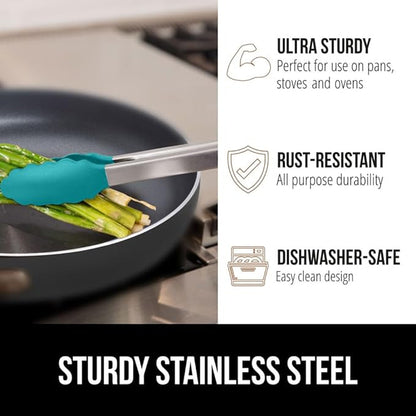 GORILLA GRIP Stainless Steel Heat Resistant Kitchen Tongs for Cooking, 9 + 12 Inch, Set of 2 BBQ Tong, Non Scratch Silicone Tip for Pan, Strong Grip, Grab Food, Salad, Air Fryer, Pull Lock, Turquoise
