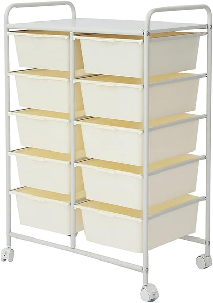 Ytaoka Rolling Cart with 10 Drawers, Plastic Drawer Cart with Metal Frame, Multipurpose Art Craft Cart Organizer with Wheels, Utility Cart with Drawers for Home, Office, School, White