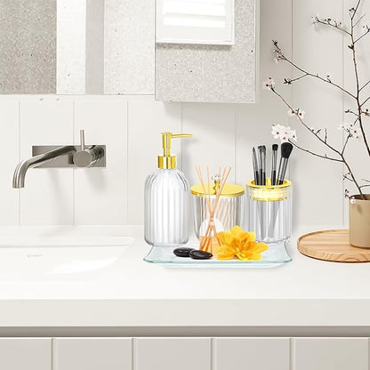 Bathroom Accessories Set, 4Pcs Clear and Gold Glass Bathroom Accessories Sets Complete w/Lotion Soap Dispenser, Toothbrush Holder, Apothecary Jar, Vanity Tray, Bathroom Decor