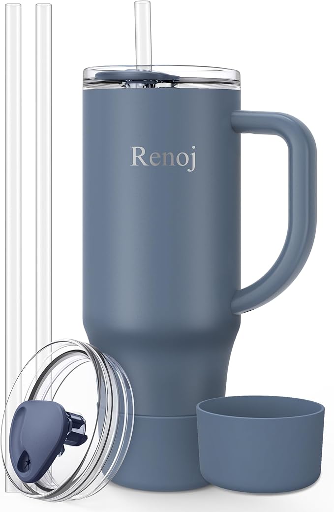 Renoj Tumbler with Handle 100% Spill Resistant Insulated Water Bottle for Iced Coffee & Hot Drinks - Fits Car Cup Holder, Ideal Gift, 2 Straws & Silicone Boot BPA-Free - FlexSlide Navy Blue 32 oz