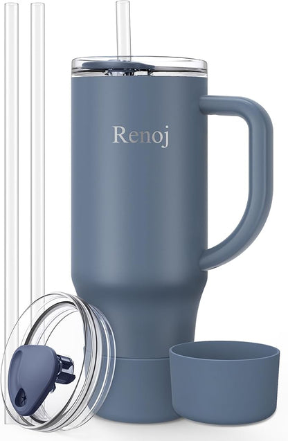 Renoj Tumbler with Handle 100% Spill Resistant Insulated Water Bottle for Iced Coffee & Hot Drinks - Fits Car Cup Holder, Ideal Gift, 2 Straws & Silicone Boot BPA-Free - FlexSlide Navy Blue 32 oz