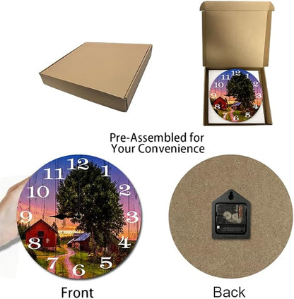 Rural Scenery Wall Clock 10 Inch Silent Non Ticking Battery Operated Wooden Modern Office Simple Minimalist Clock Decorative for Kitchen Home Bathroom Living Room
