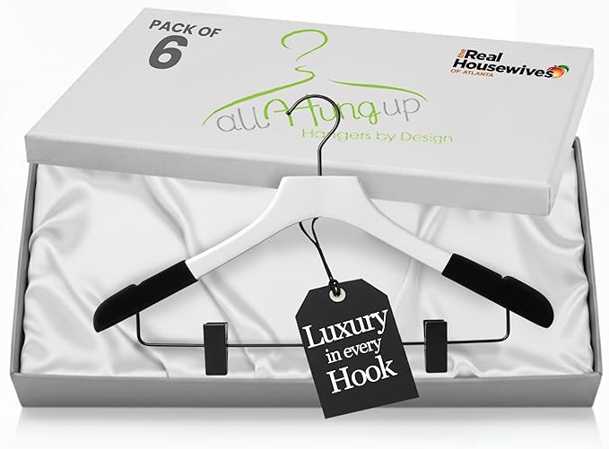 Wooden Hangers with Clips for Women, Solid Wood Skirt & Suit Hangers, Heavy-Duty Adjustable Non-Slip Design with Velvet Grip, White with Black Velvet, 6 pcs