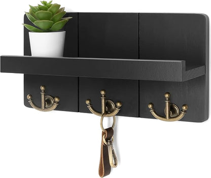 Rebee Vision Decorative Key and Mail Holder for Wall: Farmhouse Mail Organizer with Floating Shelf and 3 Anchor Key Hooks - Rustic Key Hanger for Farmhouse Entryway Decor (Modern Black)
