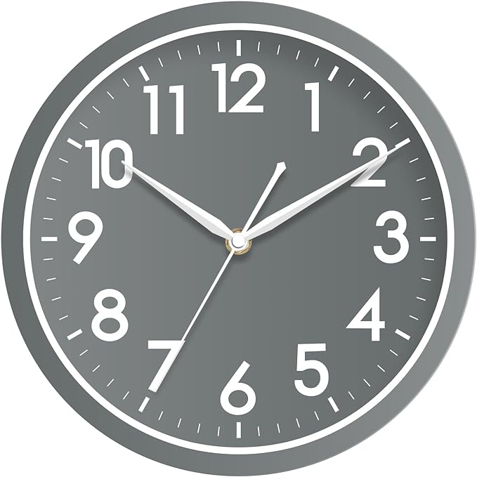 AKCISOT Wall Clock Bathroom 10 Inch Analog Small Wall Clocks Battery Operated - Silent Non Ticking Modern Simple Style Clock Decorative for Kitchen,Bedroom,Home Office,Living Room,School(Gray)