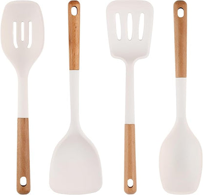 IOCBYHZ Silicone Kitchen Utensils Set of 4, Large Non-Stick Cooking Utensil Set w Wooden Handle Food Grade Heat Resistance Turner Spoon Silicone Cooking Kitchen Gadgets BPA Free for Nonstick Cookware
