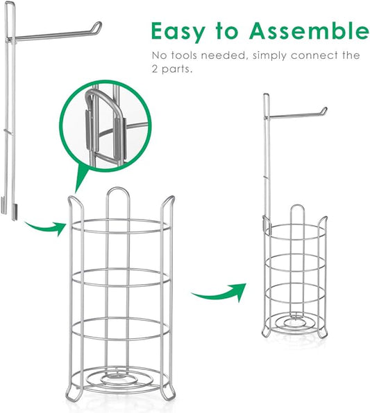 TomCare Toilet Paper Holder Toilet Paper Stand Free-Standing Toilet Tissue Paper Roll Bathroom Storage Shelf and Dispenser for 3 Spare Rolls Metal Wire Bathroom Accessories Storage Organizer