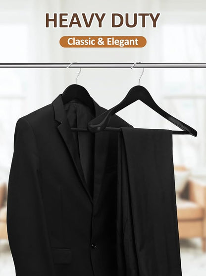 AMKUFO Wide Shoulder Wooden Hangers 8 Pack Coat Hangers with Non Slip Pants Bar, Heavy Duty Suit Hangers Wood Clothes Hangers with Smooth Finish 360° Swivel Hook for Sweater Jackets Shirts Black