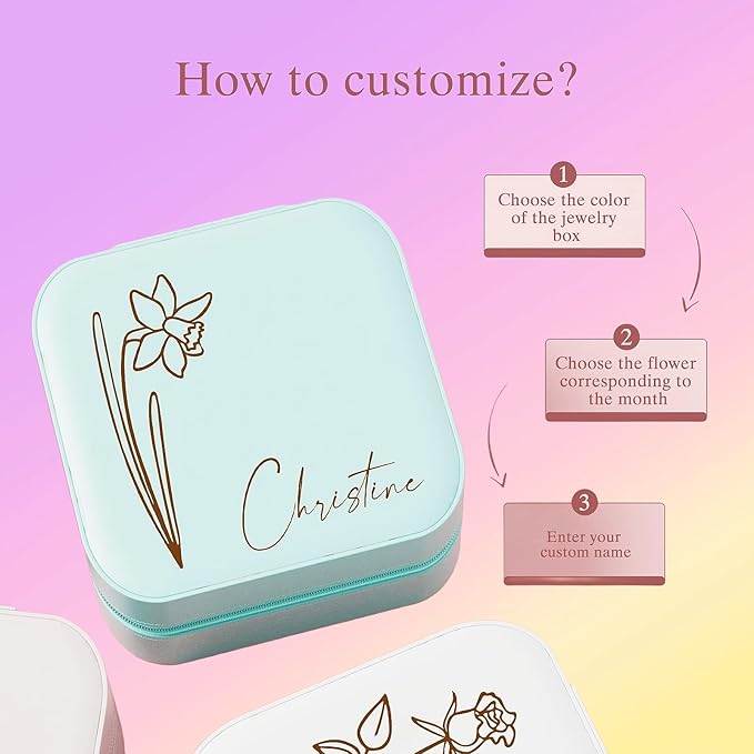 Personalized Jewelry Box, Custom Name Leather Jewelry Box with Birth Flower Small Travel Jewelry Case for Mothers Day Gifts, Birthday Gifts, Wedding Gifts for Women Mom Wife Girls