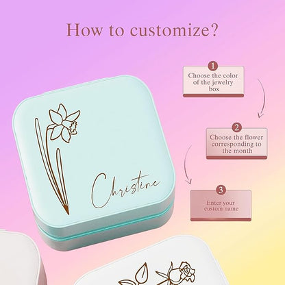 Personalized Jewelry Box, Custom Name Leather Jewelry Box with Birth Flower Small Travel Jewelry Case for Mothers Day Gifts, Birthday Gifts, Wedding Gifts for Women Mom Wife Girls