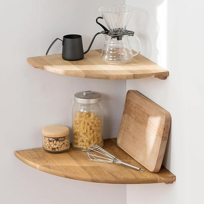 Conamily Corner Shelves, Floating Corner Shelf, Set of 2 16inch Solid Oak Wood Wall Shelves, Round End Wall Mount Display Shelf with Wire Hole for Bedroom Kitchen, Living Room (Oak, 16in 2P)